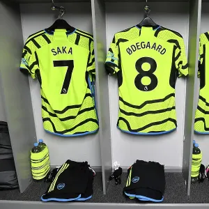Arsenal FC: Pre-Match Shirts of Saka, Odegaard, and Jesus in Luton Town Dressing Room (Luton Town vs Arsenal 2023-24) Arsenal FC: Pre-Match Shirts of Saka, Odegaard, and Jesus in Luton Town Dressing Room (Luton Town vs Arsenal 2023-24)