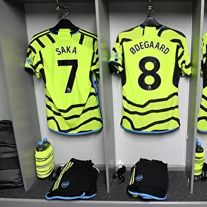 Arsenal FC: Pre-Match Shirts of Saka, Odegaard, and Jesus in Luton Town Dressing Room (Luton Town vs Arsenal 2023-24)