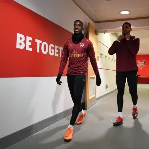 Arsenal FC Print: Eddie Nketiah and Konstantinos Mavropanos Warm-Up
