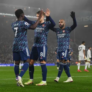 Arsenal FC Print: Saka, Odegaard and Lacazette Celebrate
