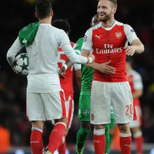 Arsenal FC vs PFC Ludogorets Razgrad: Mesut Ozil and Shkodran Mustafi Share a Moment after the UEFA Champions League Match Arsenal FC vs PFC Ludogorets Razgrad: Mesut Ozil and Shkodran Mustafi Share a Moment after the UEFA Champions League Match