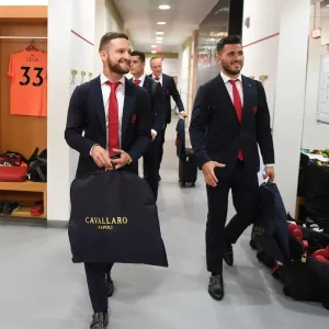 Arsenal Football Club: Mustafi and Kolasinac in the Home Changing Room before Arsenal vs Leicester City (2017-18) Arsenal Football Club: Mustafi and Kolasinac in the Home Changing Room before Arsenal vs Leicester City (2017-18)
