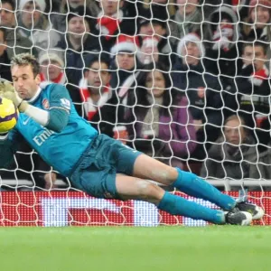 Arsenal goalkeeper Manuel Almunia saves the Hull penalty taken by Geovanni