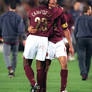 Arsenal Legends Sol Campbell and Thierry Henry Celebrate 0-0 Victory in UEFA Cup Semifinal against Villarreal, 2006