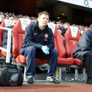 Arsenal manager Arsene Wenger with physio Colin Lewin. Arsenal 2: 1 Huddersfield Town