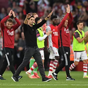 Arsenal Manager Mikel Arteta Celebrates with Fans after Arsenal vs. Tottenham Match, 2021-22 Premier League