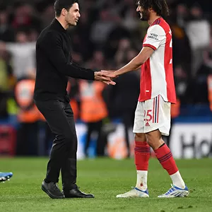 Arsenal Manager Mikel Arteta Celebrates with Mohamed Elneny after Chelsea Victory