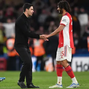Arsenal Manager Mikel Arteta Celebrates with Mohamed Elneny after Chelsea Victory Arsenal Manager Mikel Arteta Celebrates with Mohamed Elneny after Chelsea Victory