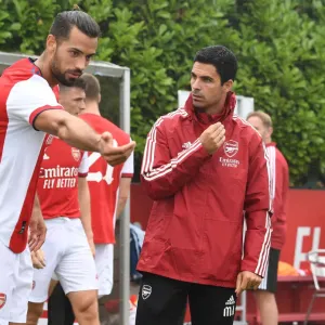 Arsenal Manager Mikel Arteta Conferencing with Pablo Mari at Half-Time during Arsenal vs Millwall Pre-Season Friendly (2021-22) Arsenal Manager Mikel Arteta Conferencing with Pablo Mari at Half-Time during Arsenal vs Millwall Pre-Season Friendly (2021-22)