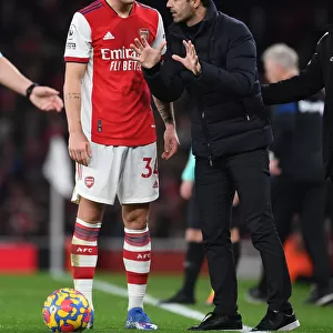 Arsenal Manager Mikel Arteta Conferring with Granit Xhaka during Arsenal vs West Ham United, Premier League 2021-22