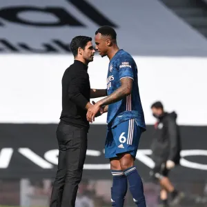 Arsenal Manager Mikel Arteta Consoles Defender Gabriel after Fulham vs Arsenal Match, 2020-21 Premier League