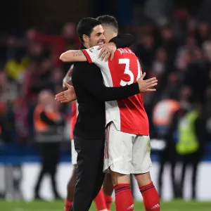 Arsenal Manager Mikel Arteta Embraces Granit Xhaka after Chelsea Victory, 2021-22 Premier League