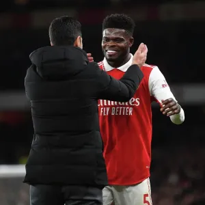 Arsenal Manager Mikel Arteta Embraces Thomas Partey After Substitution: Arsenal FC vs West Ham United, Premier League 2022-23 Arsenal Manager Mikel Arteta Embraces Thomas Partey After Substitution: Arsenal FC vs West Ham United, Premier League 2022-23