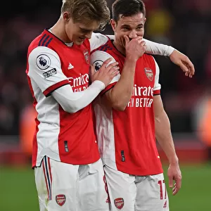 Arsenal: Martin Odegaard and Cedric Soares Share a Moment After Arsenal vs. Leicester City, Premier League 2021-22