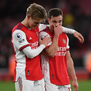 Arsenal: Martin Odegaard and Cedric Soares Share a Moment After Arsenal vs. Leicester City, Premier League 2021-22 Arsenal: Martin Odegaard and Cedric Soares Share a Moment After Arsenal vs. Leicester City, Premier League 2021-22