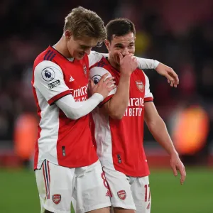 Arsenal: Odegaard and Soares Share a Moment After Arsenal vs. Leicester City (2021-22) Arsenal: Odegaard and Soares Share a Moment After Arsenal vs. Leicester City (2021-22)