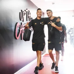 Arsenal Players Gabriel Martinelli and Fabio Vieira Before AFC Bournemouth Match, 2022-23 Premier League Arsenal Players Gabriel Martinelli and Fabio Vieira Before AFC Bournemouth Match, 2022-23 Premier League