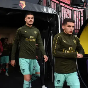Arsenal Players Konstantinos Mavropanos and Lucas Torreira Before Watford Match, 2018-19 Premier League