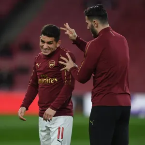Arsenal Players Lucas Torreira and Sead Kolasinac Warm Up Ahead of Arsenal v BATE Borisov UEFA Europa League Clash Arsenal Players Lucas Torreira and Sead Kolasinac Warm Up Ahead of Arsenal v BATE Borisov UEFA Europa League Clash