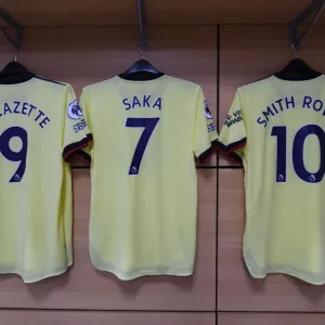 Arsenal Players Shirts in the Changing Room Before Aston Villa vs Arsenal, Premier League 2021-22 Arsenal Players Shirts in the Changing Room Before Aston Villa vs Arsenal, Premier League 2021-22