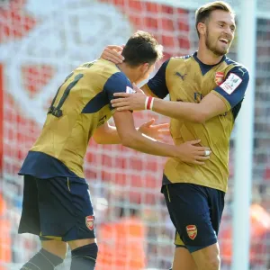 Arsenal Stars Mesut Ozil and Aaron Ramsey Celebrating Goals against Olympique Lyonnais, Emirates Cup 2015/16