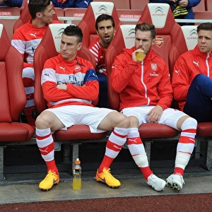 Arsenal Substitutes: Koscielny, Ramsey, Szczesny - Ready on the Sidelines at Arsenal v West Bromwich Albion (2014/15)