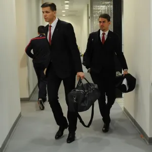 Arsenal: Szczesny and Ramsey in the Changing Room before Arsenal v Southampton (2013-14)