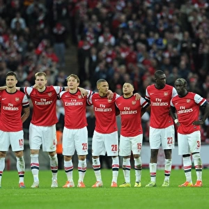 The Arsenal team during the penalty shoot out. Arsenal 1: 1 Wigan Athletic. 4: 2 after penalties