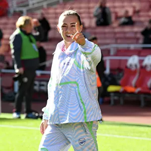 Arsenal v Aston Villa: Katie McCabe Gestures During Pitch Inspection at Emiras Stadium (Barclays Women's Super League 2023-24)