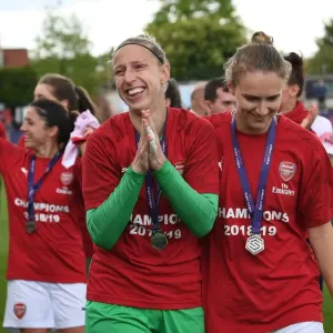 Arsenal Women Celebrate Championship Win with Fans: Van Veenendaal and Miedema's Triumphant Moment