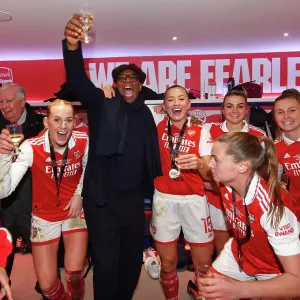 Arsenal Women Celebrate Conti Cup Triumph: Ian Wright and Team Rejoice with the Trophy