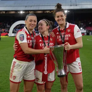 Arsenal Women Celebrate Conti Cup Victory: Katie McCabe, Kim Little, and Jennifer Beattie Hold Alas, Champions!