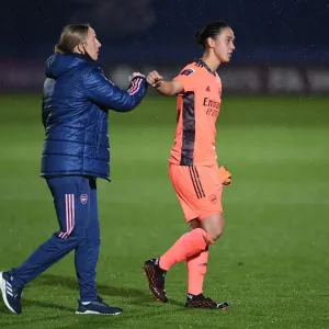 Arsenal Women Celebrate Continental Cup Victory Over Chelsea Women: Manuela Zinsberger and Leanne Hall Embrace Arsenal Women Celebrate Continental Cup Victory Over Chelsea Women: Manuela Zinsberger and Leanne Hall Embrace
