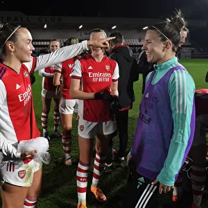 Arsenal Women Celebrate FA Cup Quarterfinal Victory: Caitlin Foord and Steph Catley Rejoice after Defeating Coventry United