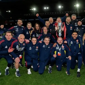 Arsenal Women Celebrate FA WSL Cup Victory over Chelsea: Jonas Eidevall and Team Lift the Trophy