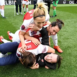 Arsenal Women Celebrate FA WSL Title Win: Triumphant Moment with Peyraud-Magnin, Veje, Schnaderbeck, and Arnth