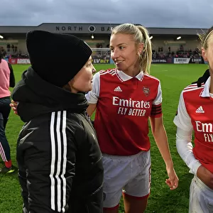 Arsenal Women Celebrate FA WSL Victory: Leah Williamson, Kim Little, and Caitlin Foord Rejoice