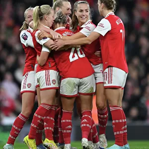 Arsenal Women Celebrate Laura Wienroither's Goal Against Manchester United in FA WSL (2022-23)
