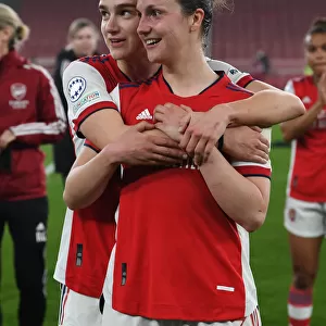 Arsenal Women Celebrate Quarter-Final Victory: Miedema and Wubben-Moy Embrace in Champions League Triumph