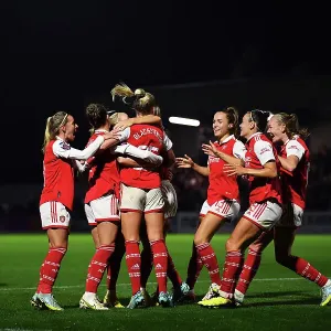 Arsenal Women Celebrate Second Goal Against West Ham: Stina Blackstenius and Team
