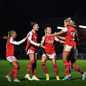 Arsenal Women Celebrate Second Goal Against West Ham United in Barclays WSL Match Arsenal Women Celebrate Second Goal Against West Ham United in Barclays WSL Match