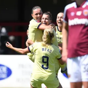 Arsenal Women Celebrate Steph Catley's Goal Against West Ham United Women in FA WSL Showdown