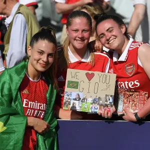 Arsenal Women Celebrate Title Win: Gio Queiroz and Fans at Meadow Park Arsenal Women Celebrate Title Win: Gio Queiroz and Fans at Meadow Park