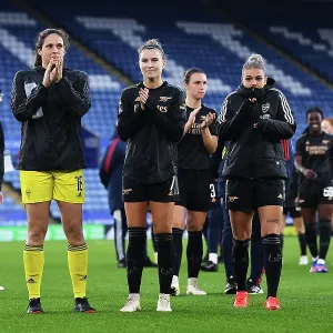Arsenal Women Celebrate Victory in FA Women's Super League: Kaylan Marckese, Steph Catley, and Laura Wienroither Rejoice After Win Against Leicester City