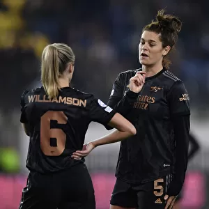 Arsenal Women in Deep Conversation During UEFA Champions League Match Against FC Zürich: Jennifer Beattie and Leah Williamson