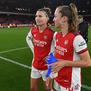 Arsenal Women Defeat Tottenham Hotspur: Steph Catley and Lia Walti Celebrate Victory in FA WSL Clash