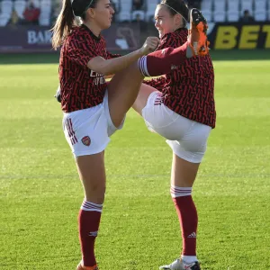 Arsenal Women Prepare for Birmingham City Women Showdown in FA WSL: Katie McCabe and Caitlin Foord Warm Up