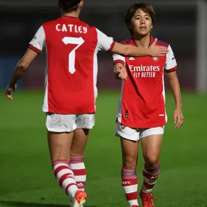 Arsenal Women vs Slavia Prague: Steph Catley and Mana Iwabuchi Celebrate in UEFA Women's Champions League Match Arsenal Women vs Slavia Prague: Steph Catley and Mana Iwabuchi Celebrate in UEFA Women's Champions League Match