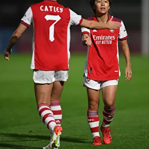 Arsenal Women vs Slavia Prague: Steph Catley and Mana Iwabuchi Celebrate in UEFA Women's Champions League Match