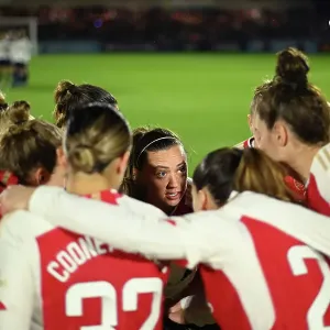Arsenal Women vs. Tottenham Hotspur Women: Pre-Match Huddle in FA WSL Cup Clash
